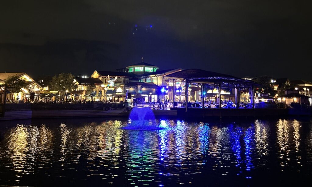 Nightime view of disney springs